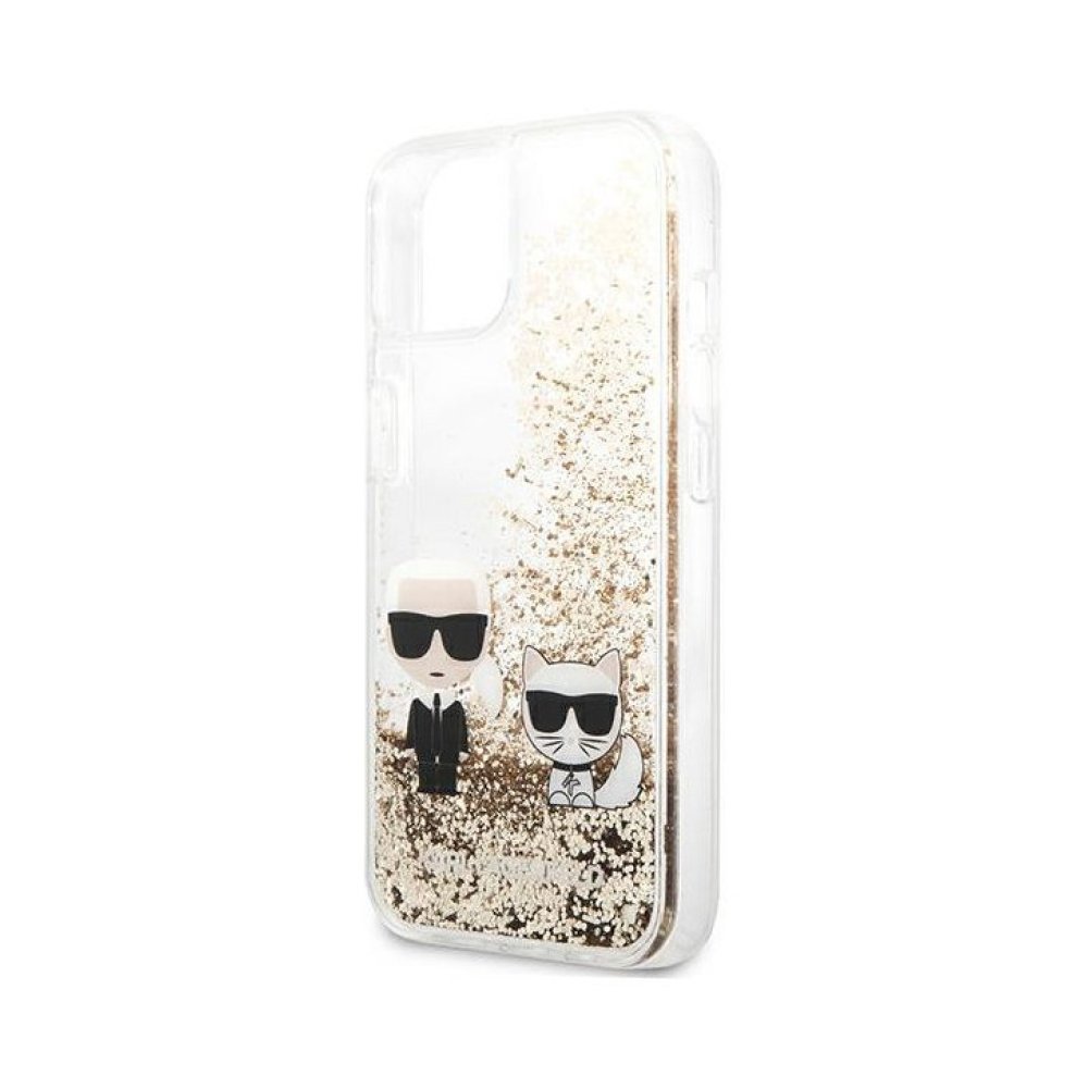 Чехол Mercedes для iPhone 13 Liquid glitter Karl & Choupette Hard. Цвет: золотой