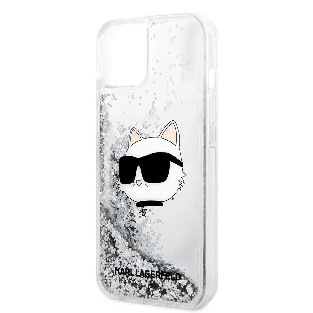 Чехол Lagerfeld для iPhone 15 Liquid Glitter NFT Choupette head Hard. Цвет: серебристый