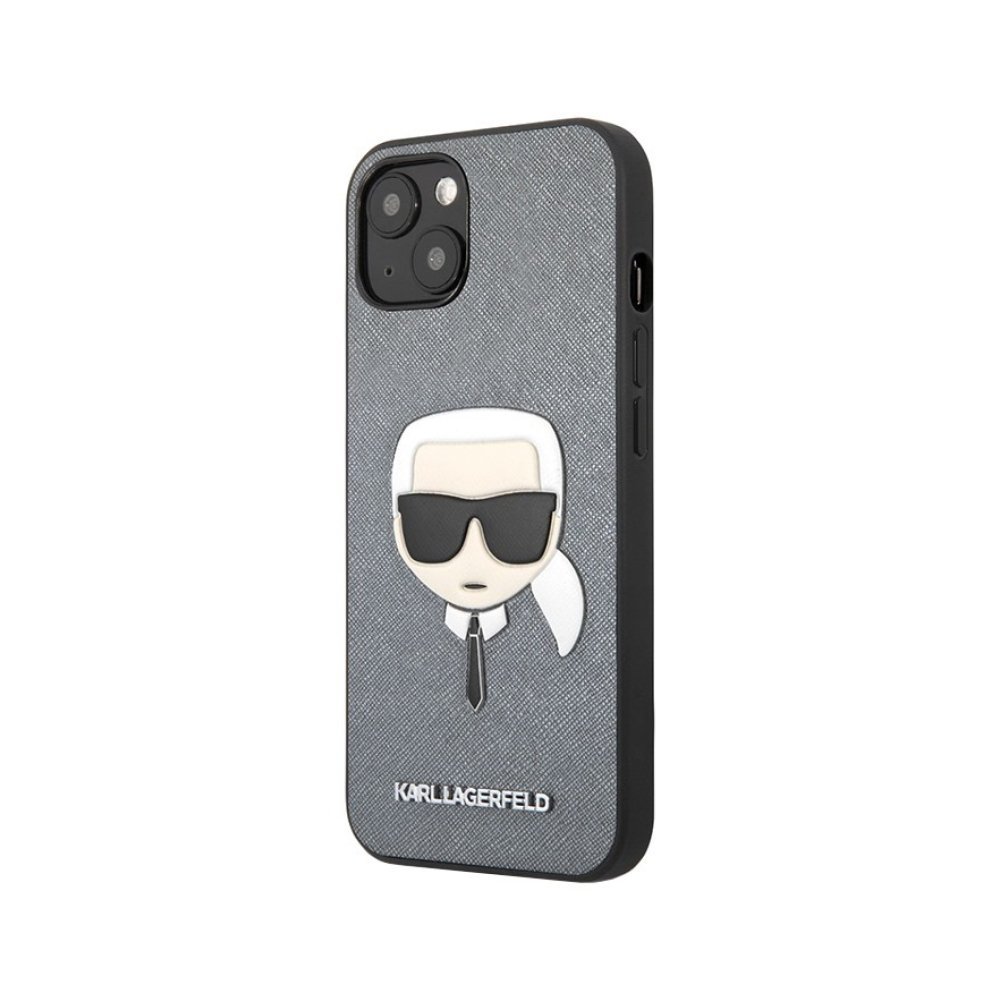 Чехол Lagerfeld для iPhone 13 PU Saffiano Karl's Head Hard. Цвет: серебристый