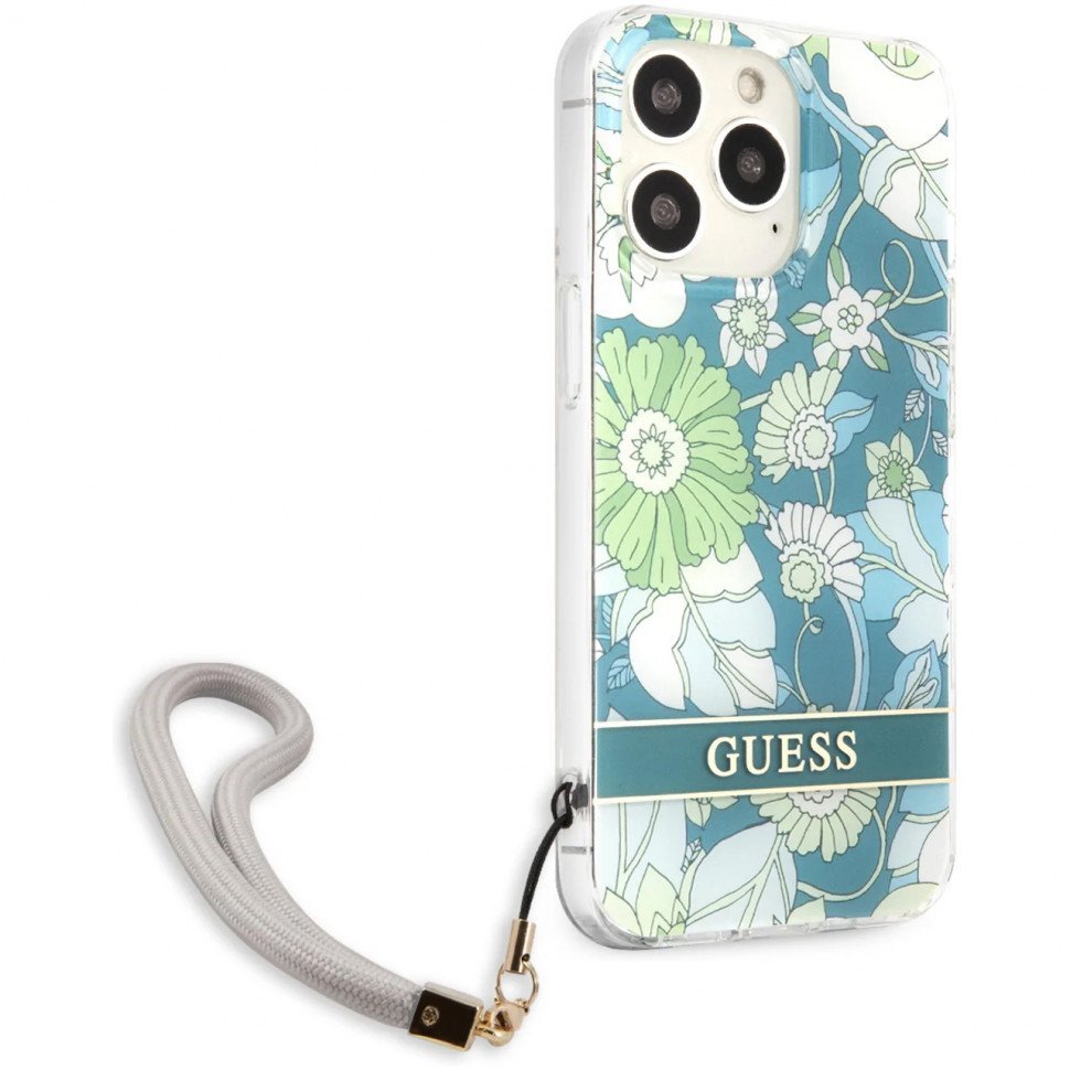 Чехол Guess для iPhone 13 Pro Max PC/TPU Flower pattern Hard + Hand cord. Цвет: зелёный