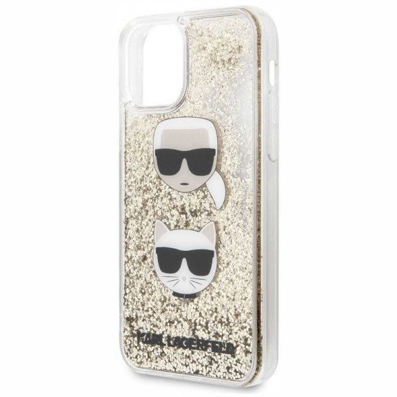 Чехол Lagerfeld для iPhone 11 Liquid Glitter Karl and Choupette heads. Цвет: золотой