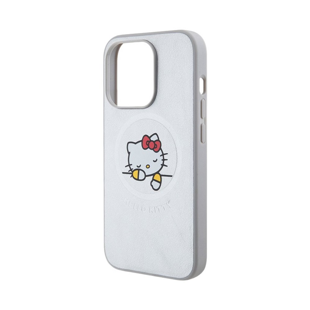 Чехол Hello Kitty PU Leather Kitty Asleep для iPhone 15 Pro. Цвет: серебристый