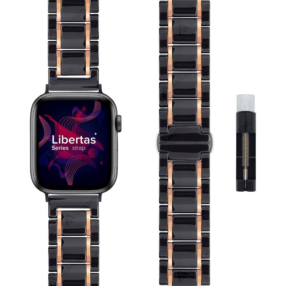 Ремешок керамический Lyambda Libertas для Apple Watch 42мм/44мм. Цвет: черный/розовое золото