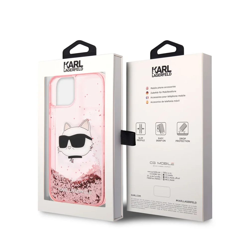 Чехол Lagerfeld для iPhone 15 Liquid Glitter NFT Choupette head Hard. Цвет: розовый