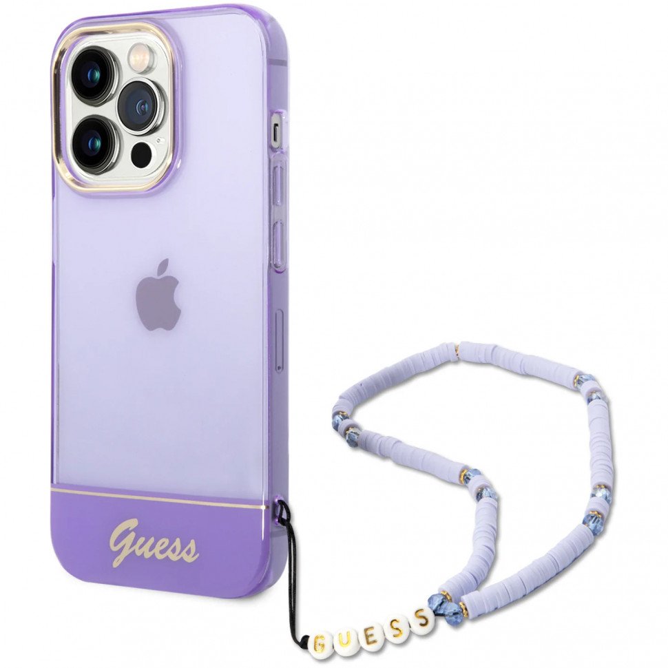 Чехол Guess для iPhone 14 Pro Max PC/TPU Translucent Electoplated camera Hard+hand St. Цвет: фиолет.