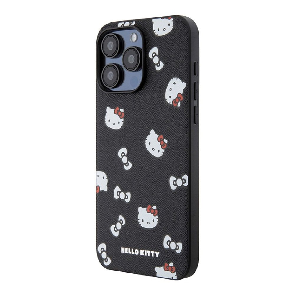 Чехол Hello Kitty PU Saffiano Heads and Bows Hard для iPhone 15 Pro Max. Цвет: черный/красный