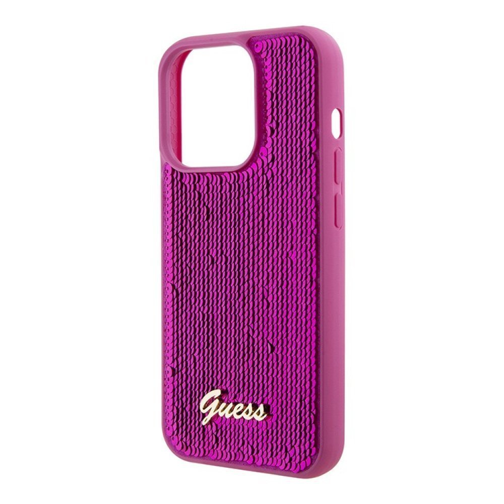 Чехол Guess Sequins Script metal logo Hard для iPhone 15 Pro. Цвет: фуксия