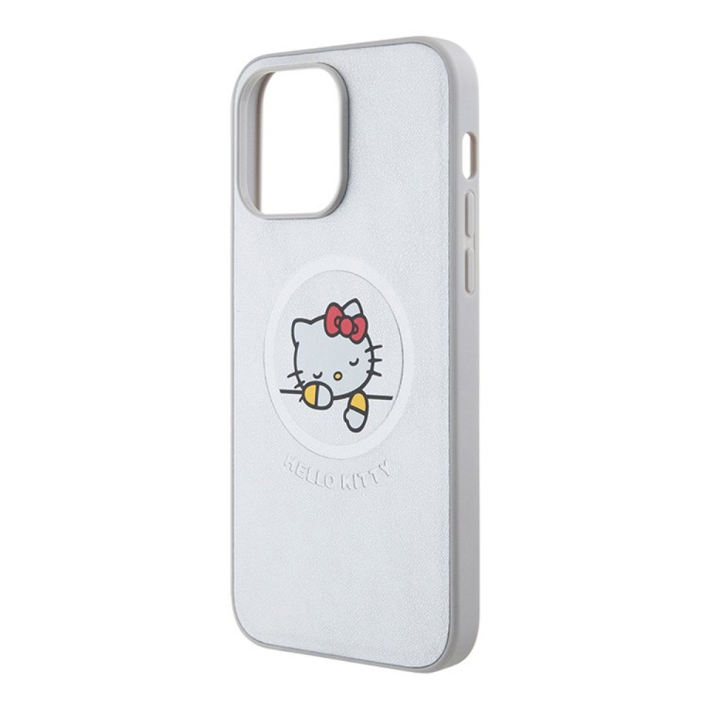 Чехол Hello Kitty PU Leather Kitty Asleep Hard MagSafe для iPhone 15 Pro Max. Цвет: серебристый