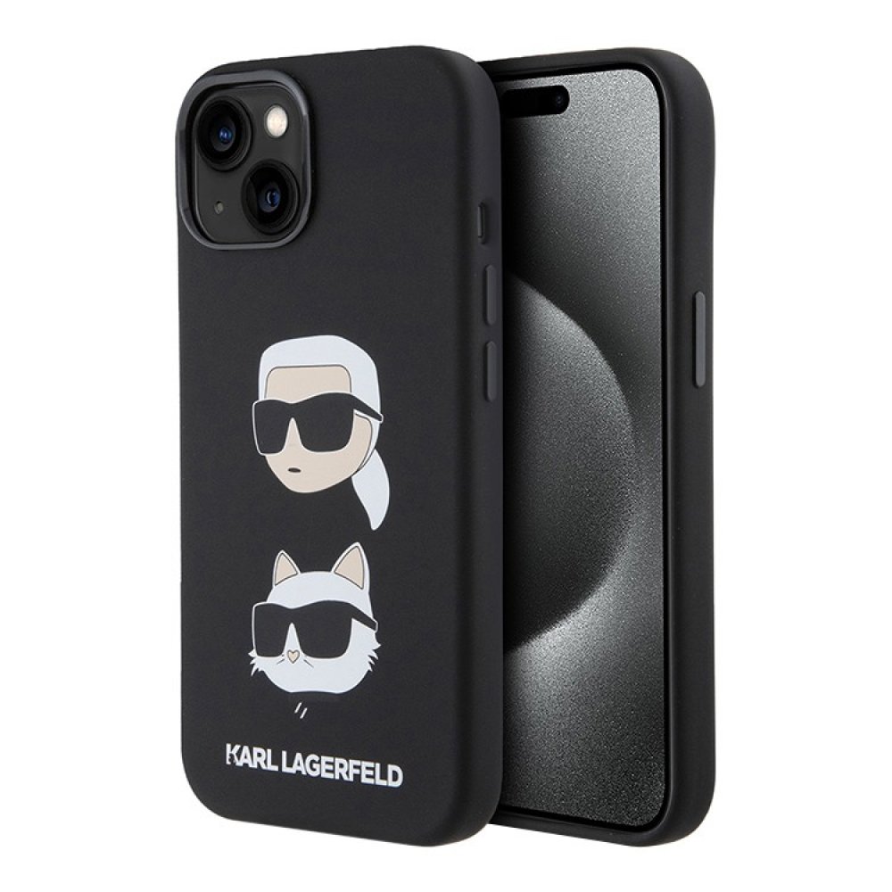 Чехол Lagerfeld для iPhone 15 Liquid Silicone NFT Karl & Choupette heads Hard. Цвет: чёрный