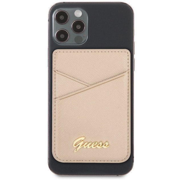 Магнитный бумажник Guess Wallet Cardslot Magsafe Saffiano Script logo. Цвет: золотой