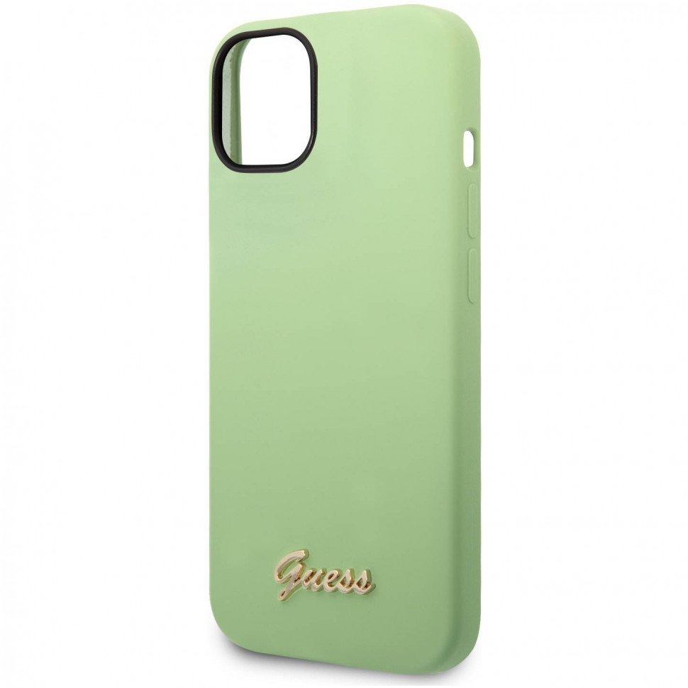 Чехол Guess для iPhone 14 Liquid silicone Gold metal logo Hard. Цвет: зелёный