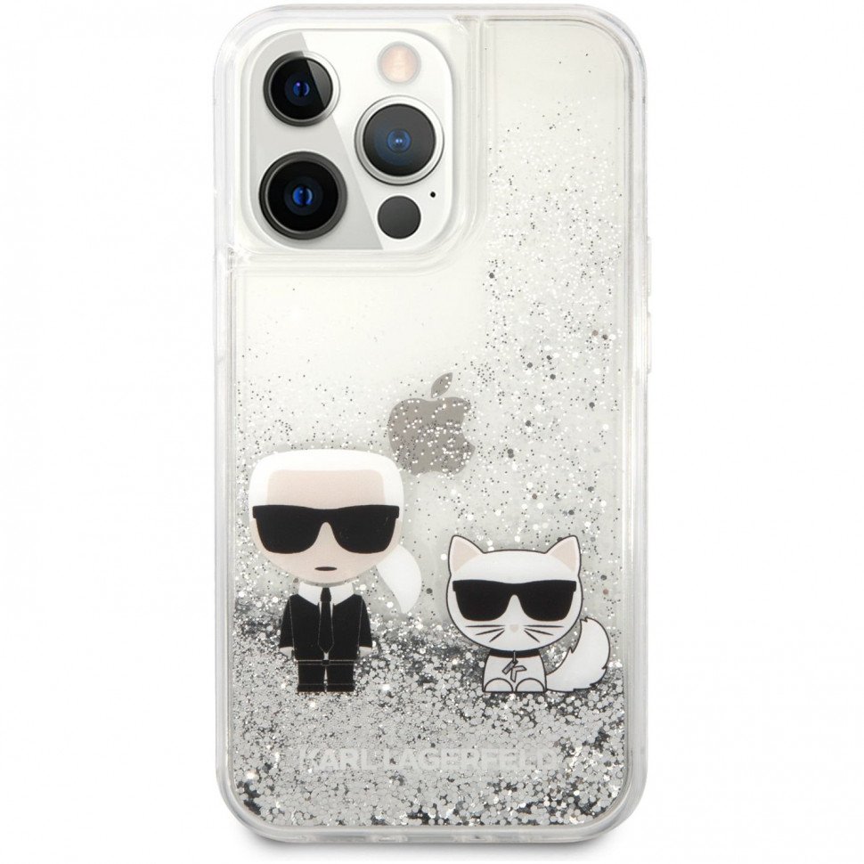 Чехол Lagerfeld для iPhone 13 Pro Max Liquid glitter Karl & Choupette Hard. Цвет: серебристый