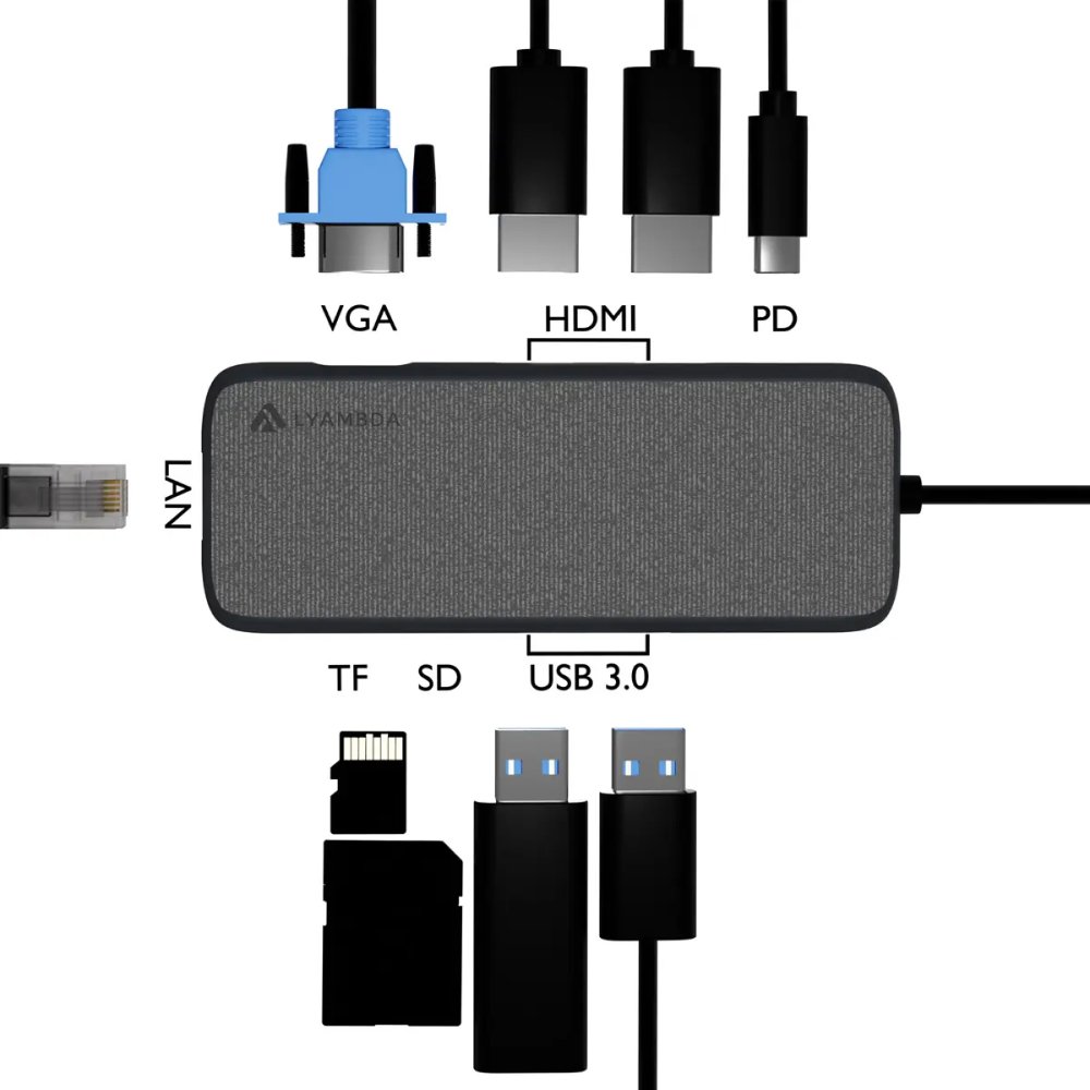 Хаб Lyambda Slim Aluminum 9 в 1 Multimedia DUAL 4K/USB/PD. Цвет: серый