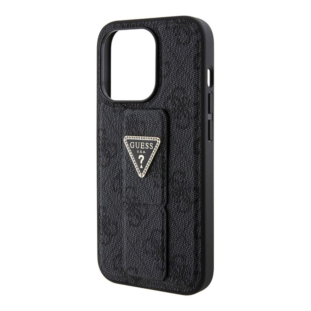 Чехол Guess PU 4G GripStand Triangle Diamond metal logo Hard для iPhone 15 Pro. Цвет: черный