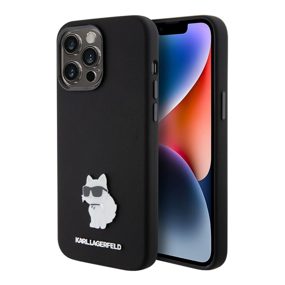 Чехол Lagerfeld Liquid silicone NFT Choupette metal pin для iPhone 15 Pro. Цвет: чёрный