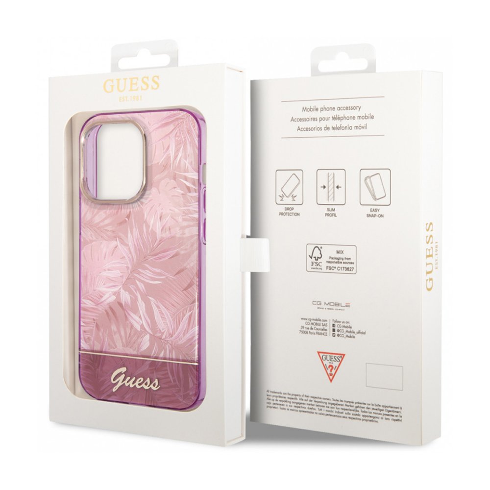 Чехол Guess для iPhone 14 Pro Max PC/TPU Jungle Electroplated camera Hard. Цвет: розовый