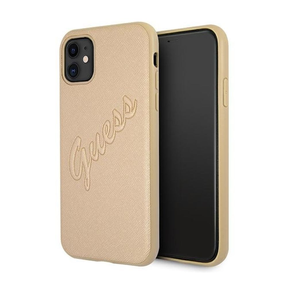 Чехол Guess для iPhone 11 Saffiano Script embossed logo. Цвет: золотой