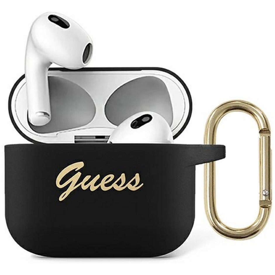 Чехол Guess Script logo для Airpods 3 силиконовый с кольцом. Цвет: чёрный