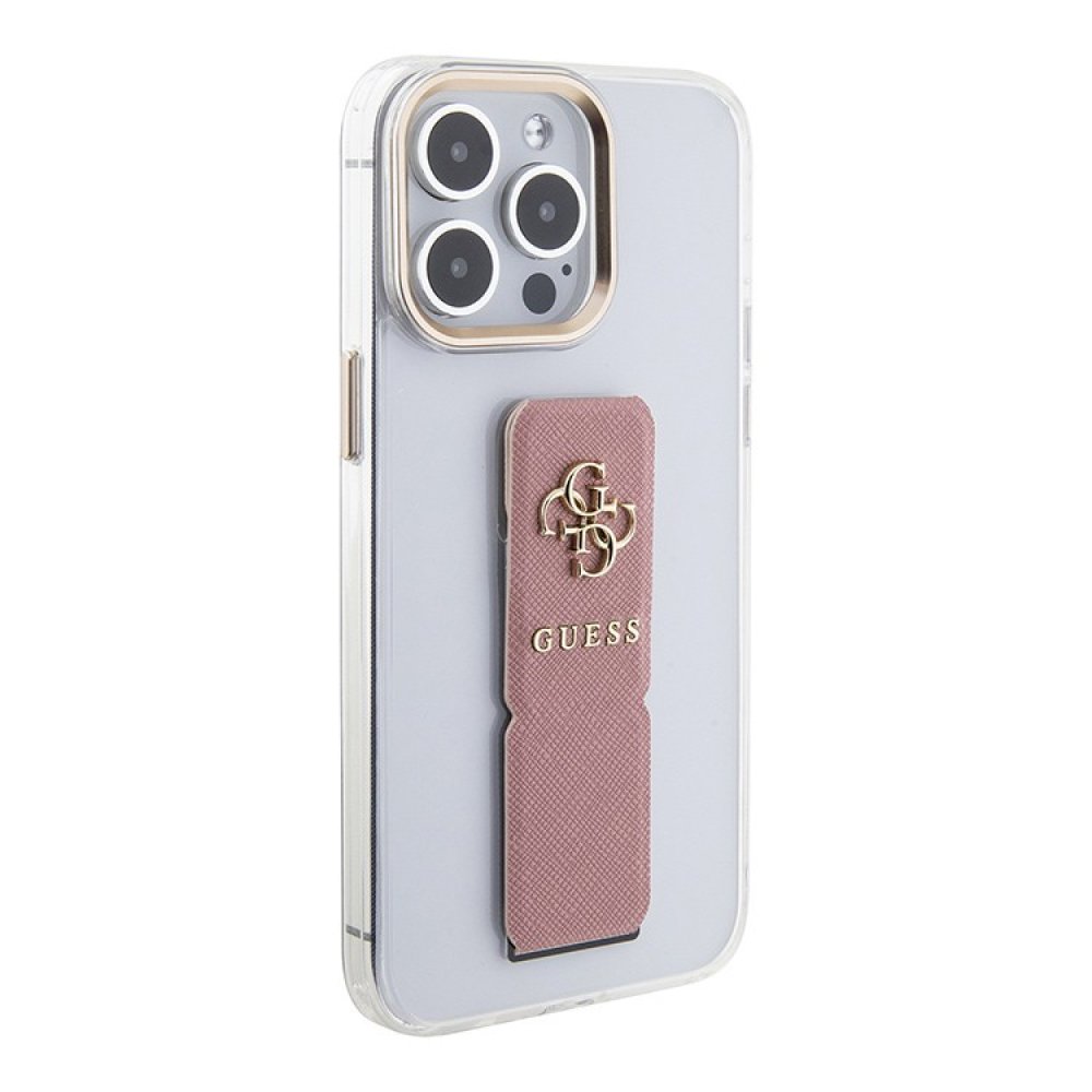 Чехол Guess PC/TPU GripStand Saffiano 4G Big metal logo для iPhone 15 Pro. Цвет: прозрачный/розовый