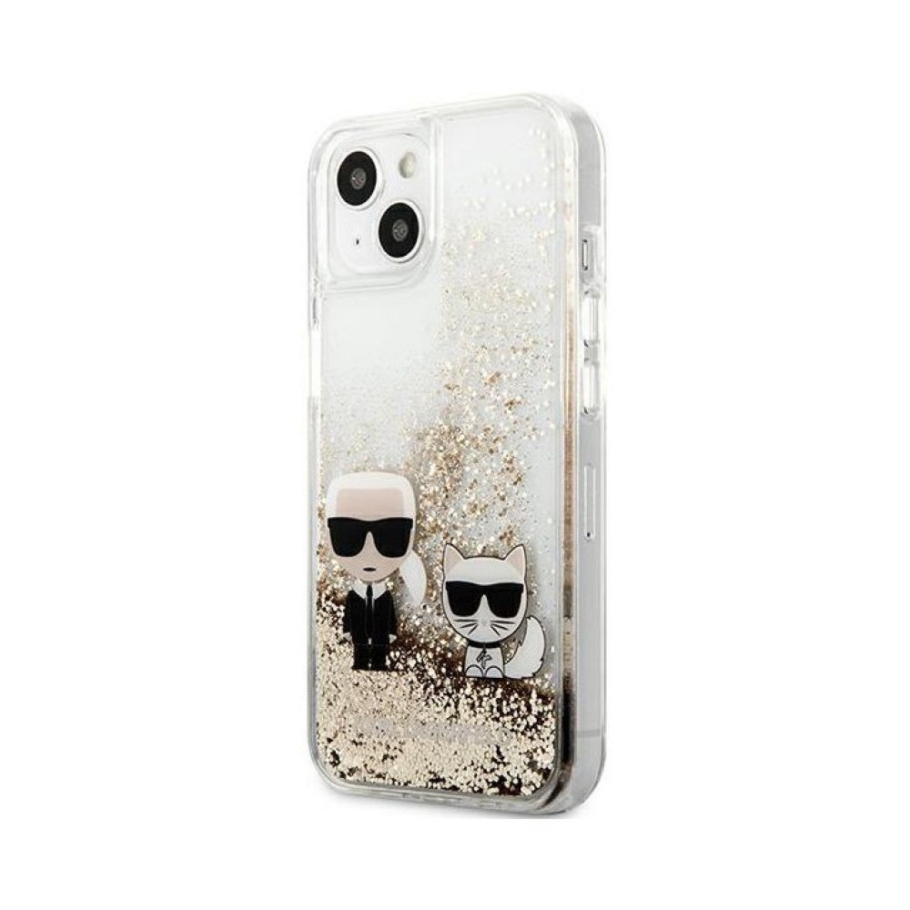 Чехол Mercedes для iPhone 13 Liquid glitter Karl & Choupette Hard. Цвет: золотой