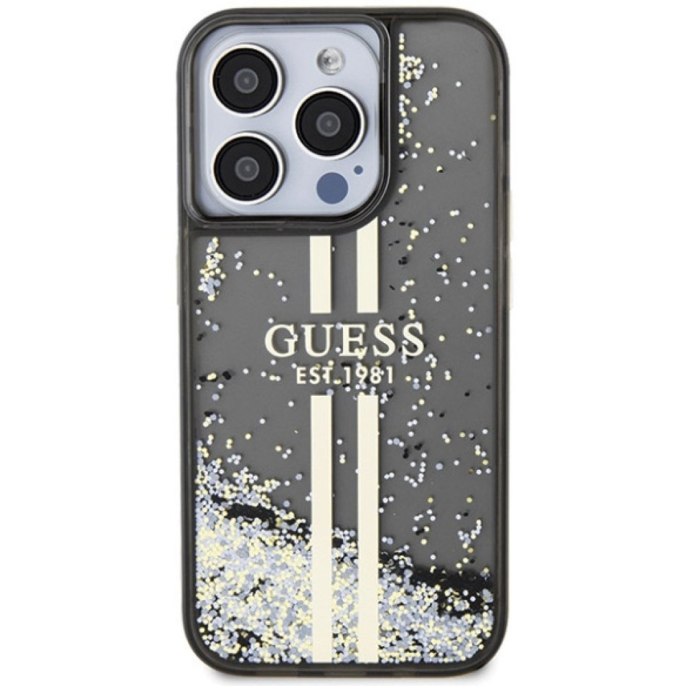 Чехол Guess Liquid Glitter Gold Stripes Hard для iPhone 15 Pro Max. Цвет: черный