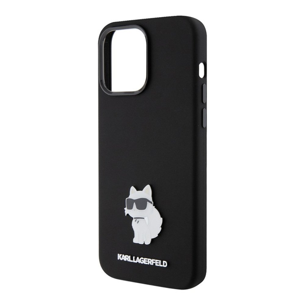 Чехол Lagerfeld Liquid silicone NFT Choupette metal pin для iPhone 15 Pro. Цвет: чёрный