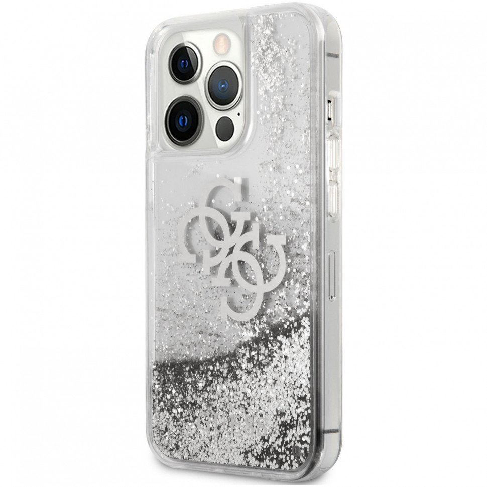 Чехол Guess для iPhone 13 Pro Liquid Glitter 4G Big logo Hard. Цвет: серебристый