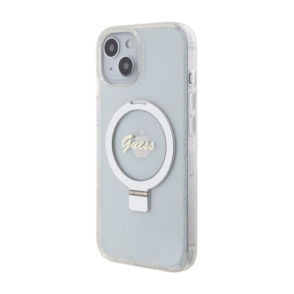 Чехол Guess PC/TPU Script logo + Ring stand Hard Glitter для iPhone 15. Цвет: прозрачный