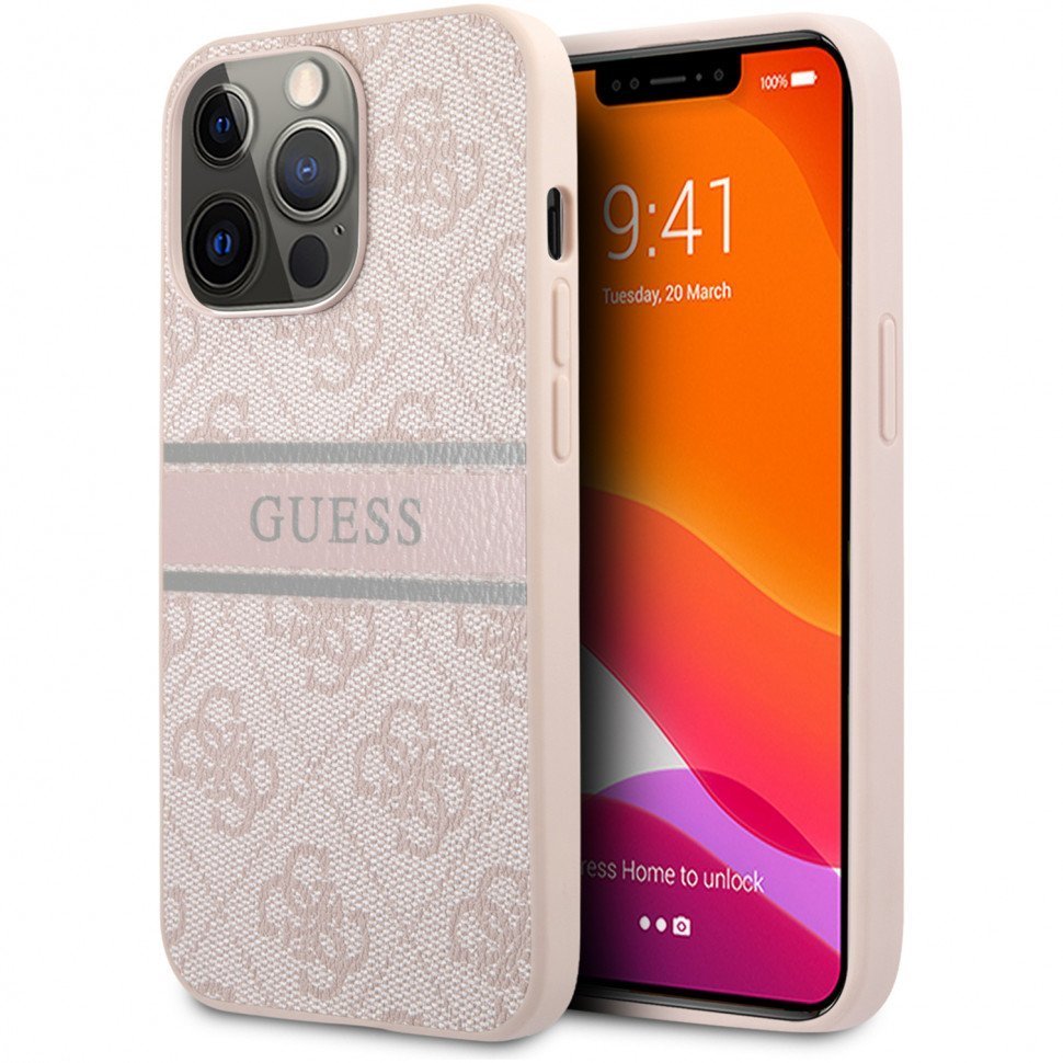 Чехол Guess для iPhone 14 Pro Max PU 4G Stripe printed logo Hard. Цвет: розовый