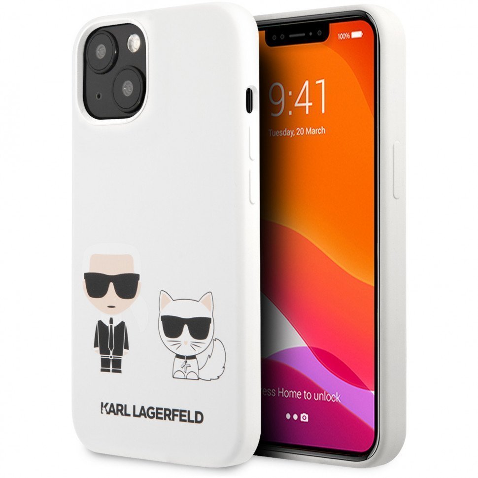 Чехол Lagerfeld для iPhone 13 mini Liquid Silicone Karl & Choupette Hard. Цвет: белый