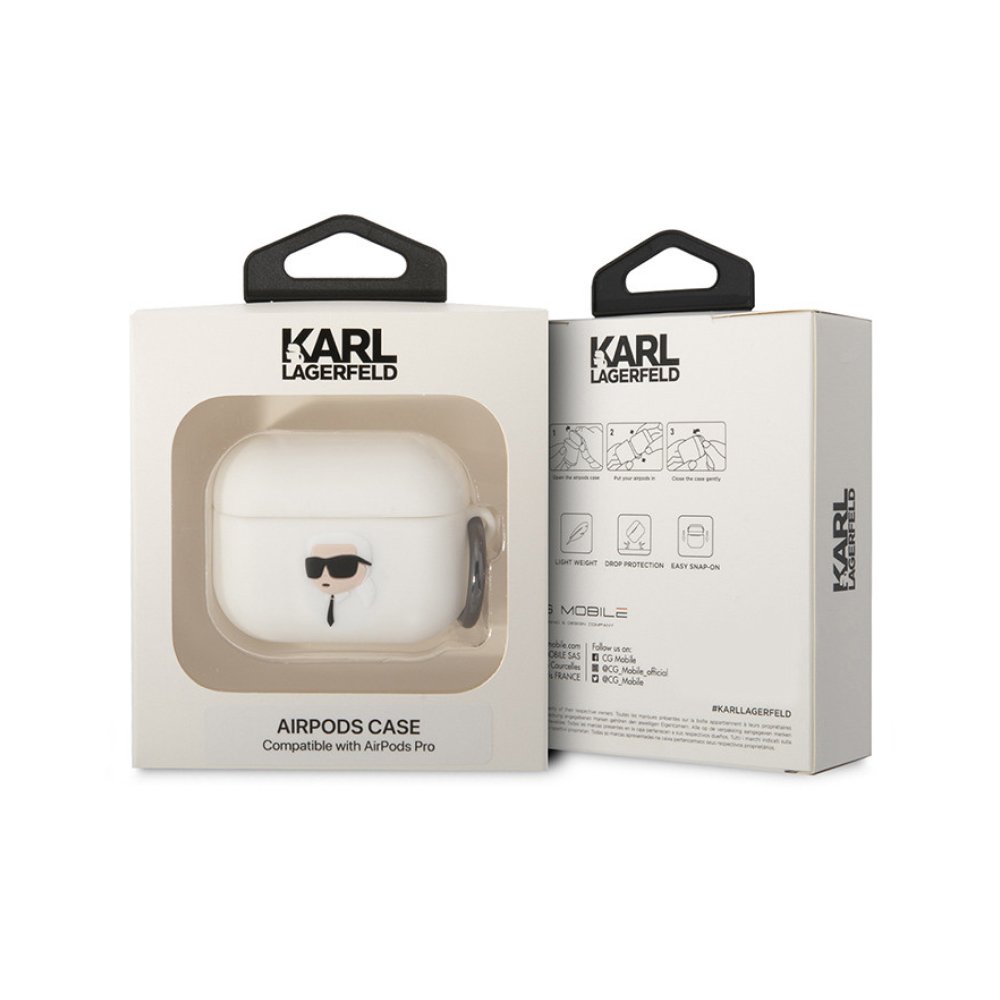 Чехол Lagerfeld NFT 3D Karl для AirPods Pro силиконовый с кольцом. Цвет: белый