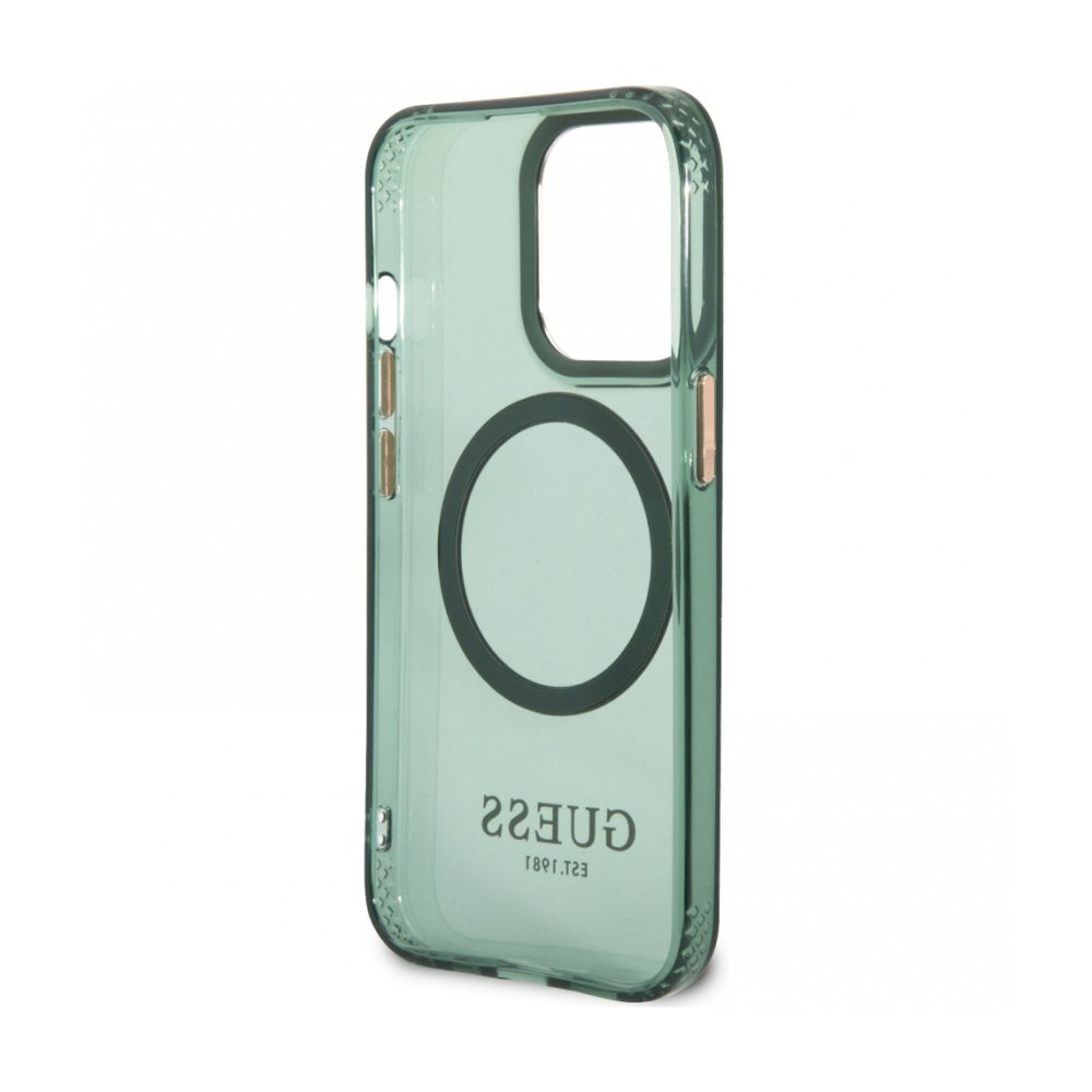 Чехол Guess для iPhone 13 Pro Max PC/TPU Metal outline Hard Translucent. Цвет: зелёный/золотой