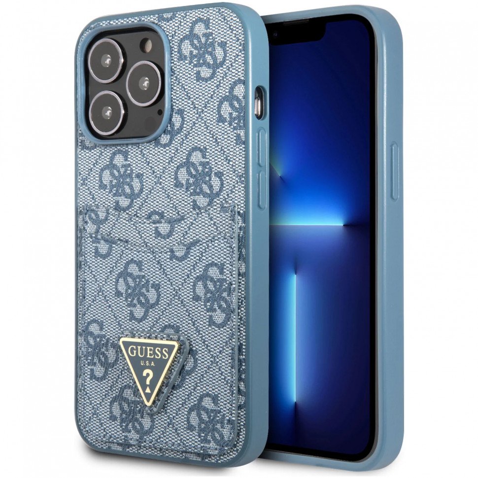 Чехол Guess для iPhone 13 Pro Max PU 4G Double cardslot Metal triangle logo Hard. Цвет: синий