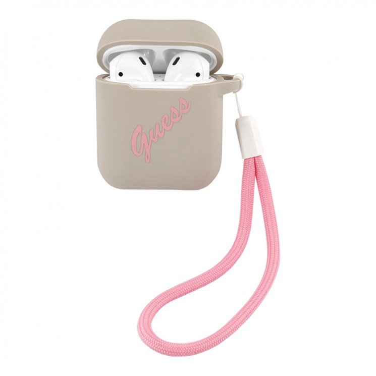 Чехол Guess Script logo для Airpods 1/2 силиконовый со шнурком. Цвет: серый/розовый