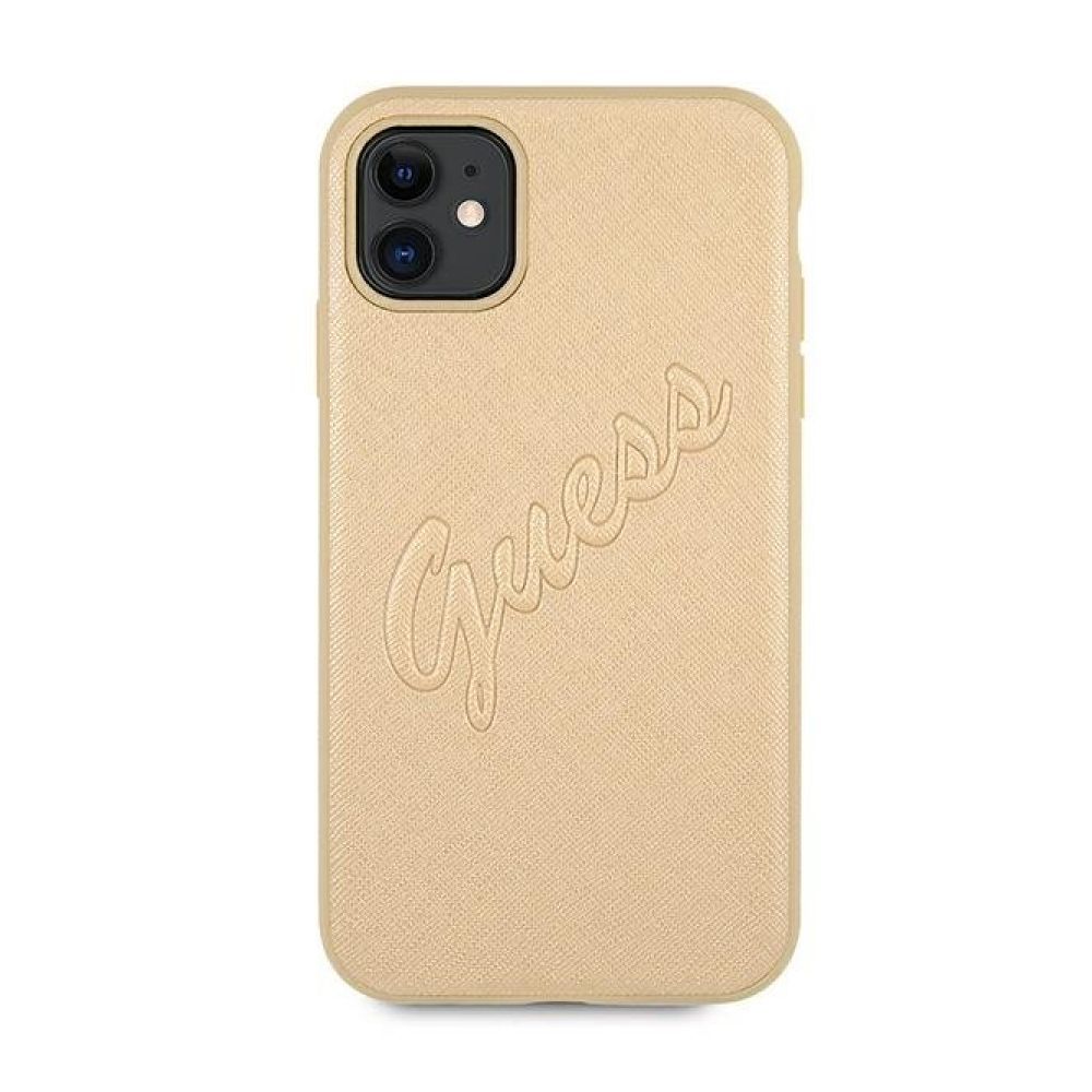 Чехол Guess для iPhone 11 Saffiano Script embossed logo. Цвет: золотой