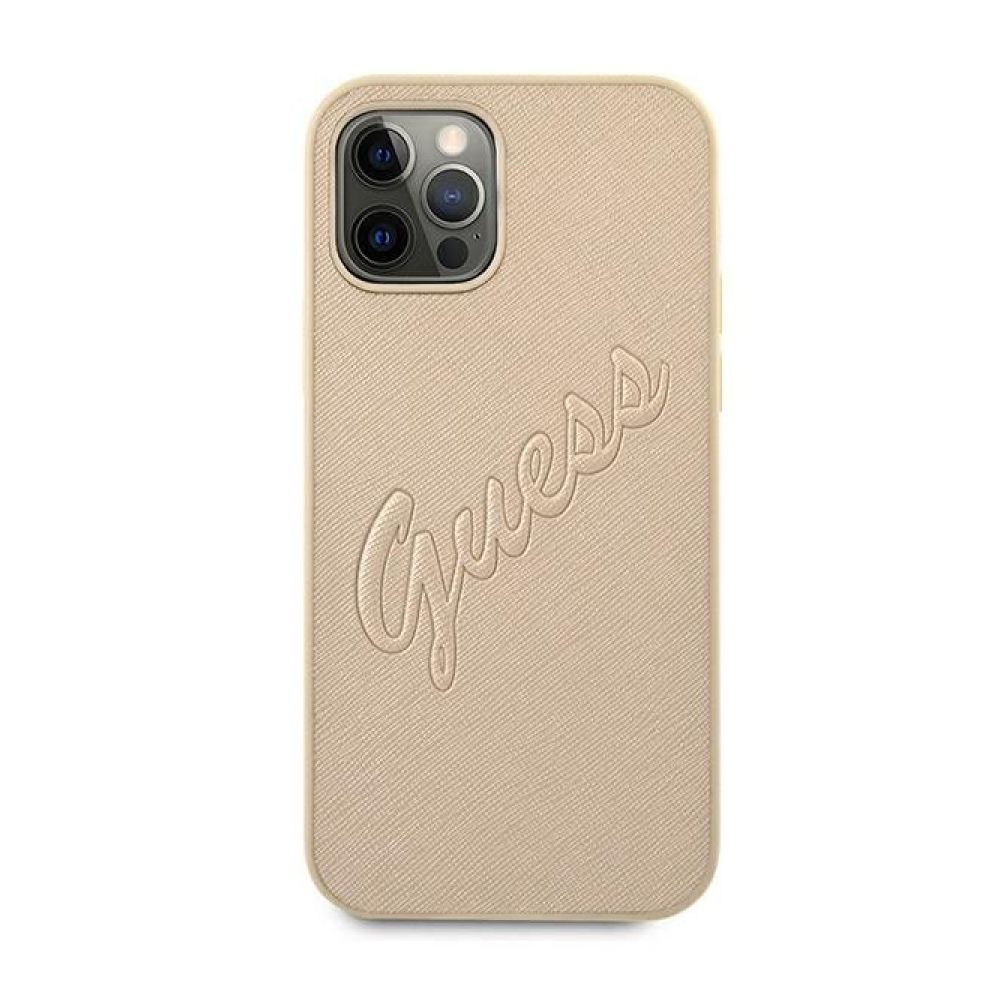 Чехол Guess для iPhone 12 Pro Max Saffiano Script embossed logo. Цвет: золотой