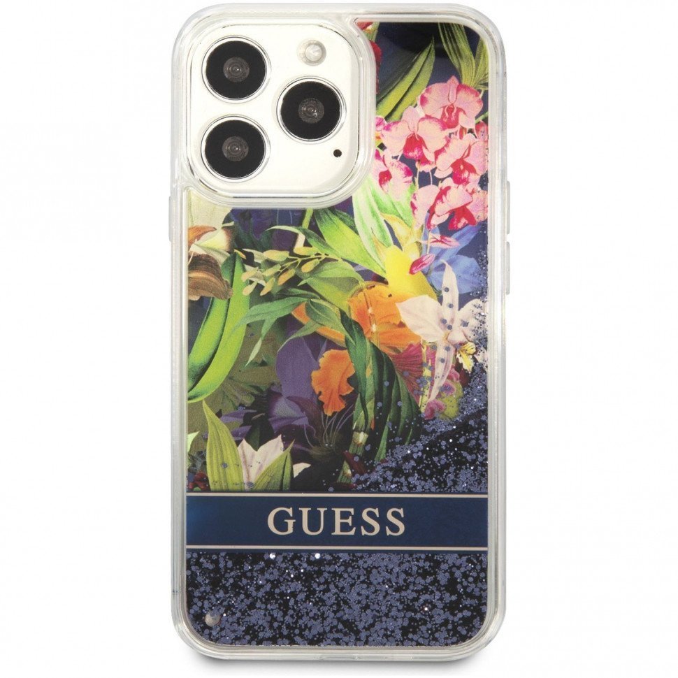 Чехол Guess для iPhone 13 Pro Liquid Glitter Flower Hard. Цвет: синий