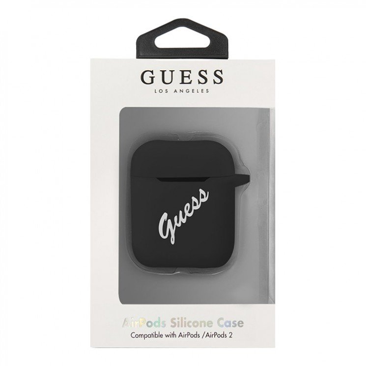 Чехол Guess Script logo для Airpods 1/2 силиконовый со шнурком. Цвет: чёрный/белый