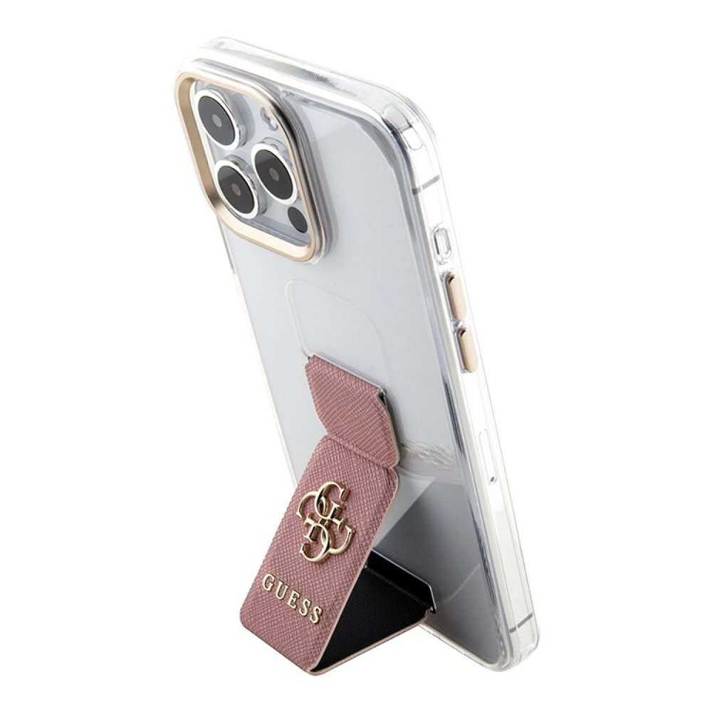 Чехол Guess PC/TPU GripStand Saffiano 4G Big metal logo для iPhone 15 Pro. Цвет: прозрачный/розовый