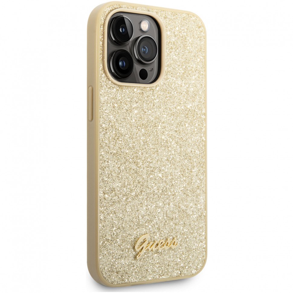 Чехол Guess для iPhone 14 Pro Max Glitter flakes w Metal logo Hard. Цвет: золотой