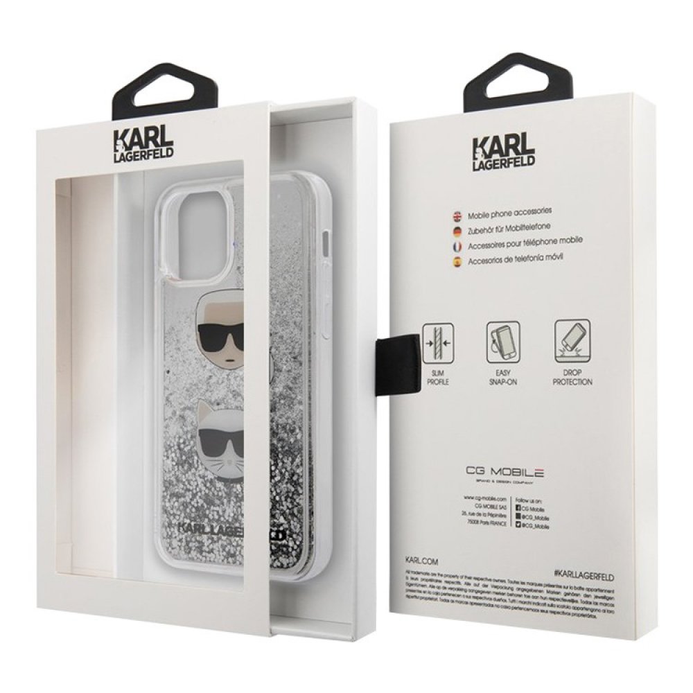 Чехол Lagerfeld для iPhone 12/12 Pro Liquid glitter Karl and Choupette heads. Цвет: серебристый