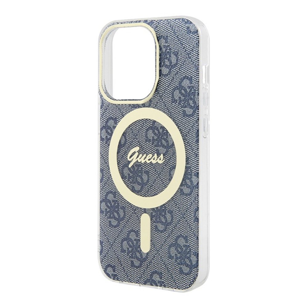 Чехол Guess PC/TPU 4G Hard MagSafe для iPhone 15 Pro. Цвет: синий/золотой