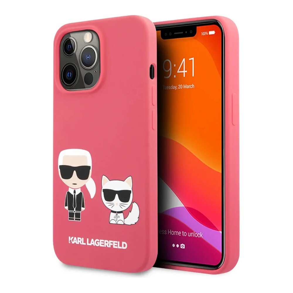 Чехол Lagerfeld для iPhone 13 Pro Liquid silicone Karl & Choupette Hard. Цвет: фуксия