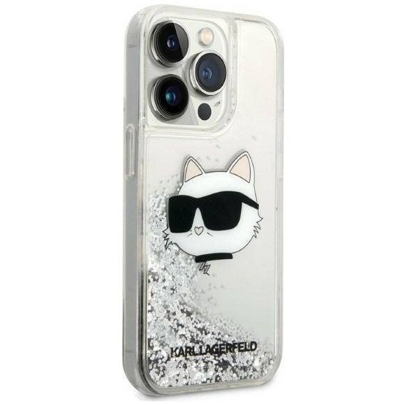 Чехол Lagerfeld для iPhone 14 Pro Liquid glitter NFT Choupette head Hard. Цвет: серебристый