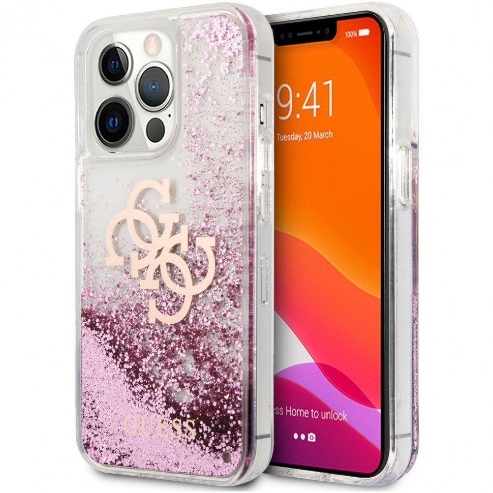 Чехол Guess для iPhone 13 Liquid Glitter 4G Big logo Hard. Цвет: розовый