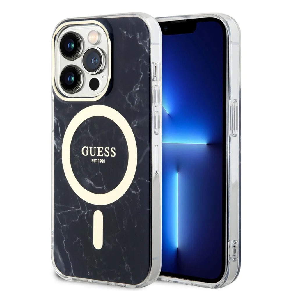 Чехол Guess PC/TPU Golden Marble Hard MagSafe для iPhone 15 Pro Max. Цвет: черный 