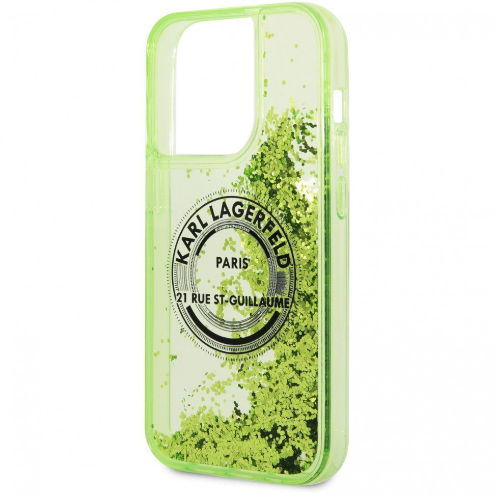 Чехол Lagerfeld для iPhone 14 Pro Max Liquid glitter RSG logo Hard. Цвет: зелёный