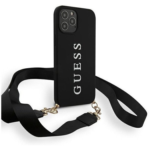 Чехол Guess для iPhone 12/12 Pro PU Embossed white logo and strap Hard. Цвет: чёрный