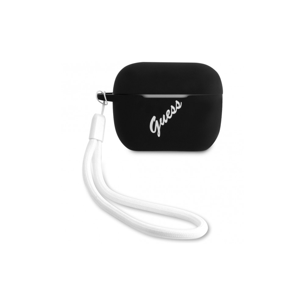 Чехол Guess Script logo для Airpods Pro силиконовый со шнурком. Цвет: чёрный/белый