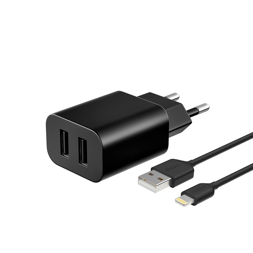 СЗУ Deppa 2xUSB + кабель Lightning, 2.1A. Цвет: черный